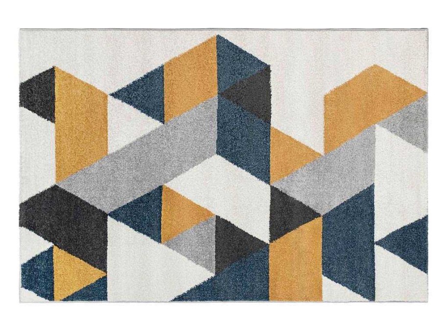 Tapete Escandinavo | OZAIA Tapete Geometrico 160 X 230 Cm Em Polipropileno Amarelo, Cinza E Azul Estilo Escandinavo - Geomie