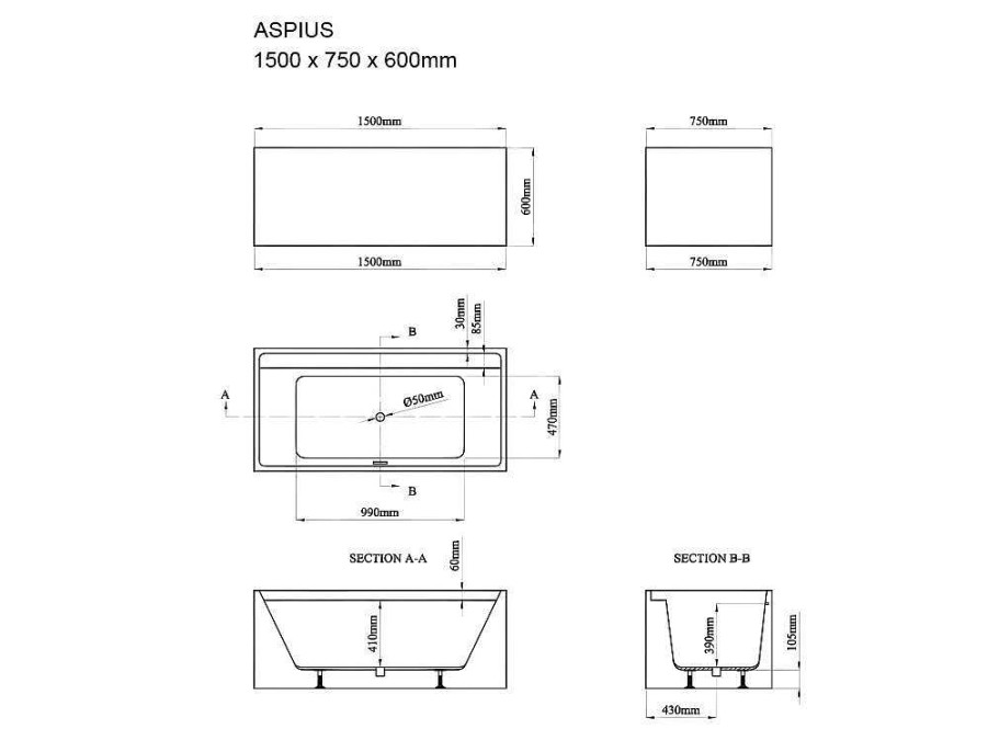 Banheira De Pousar | Shower & Design Banheira Classica Retangular De 232 L Dimensoes 150 X 75 X 60 Cm Cor Branco Em Acrilico - Aspius