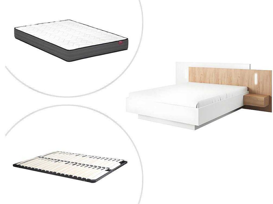 Cama De Adulto | Vente-unique Cama Com Mesas De Cabeceira 160 X 200 Cm, 2 Gavetas, Com Leds, Branco E Natural + Estrado + Colchao - Francoli