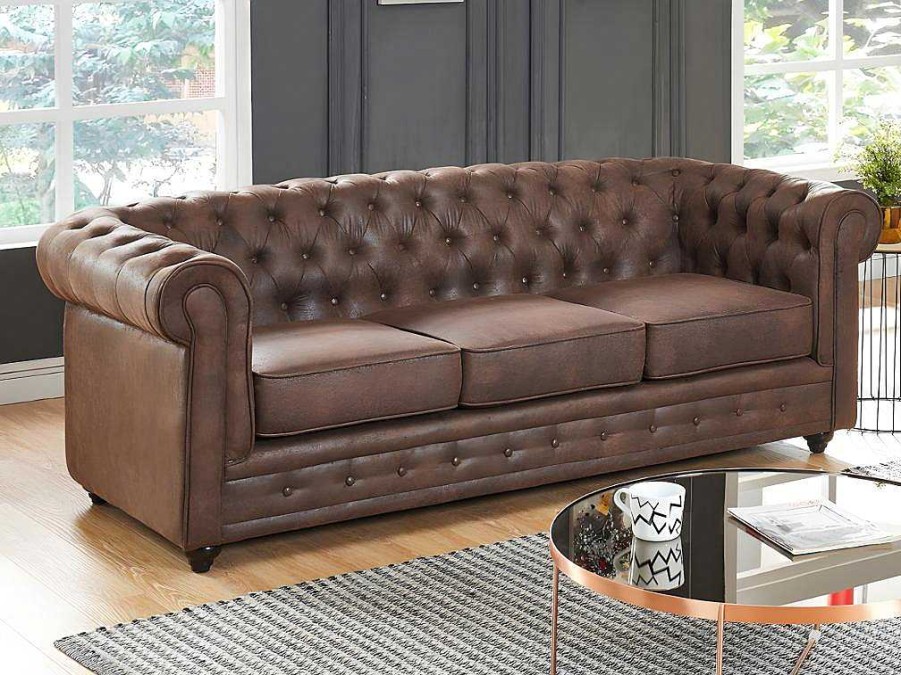 Conjunto Sofa E Poltrona | Vente-unique Sofa De 3 Lugares E Cadeirao Chesterfield Em Microfibra Com Aspeto De Pele Envelhecida