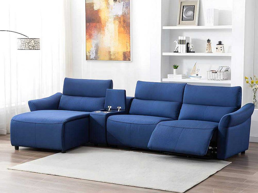 Sofa De Relaxamento Eletrico | Vente-unique Sofa De Canto Articulado Eletrico Em Tecido Cor Azul De Canto Esquerdo - Eivor