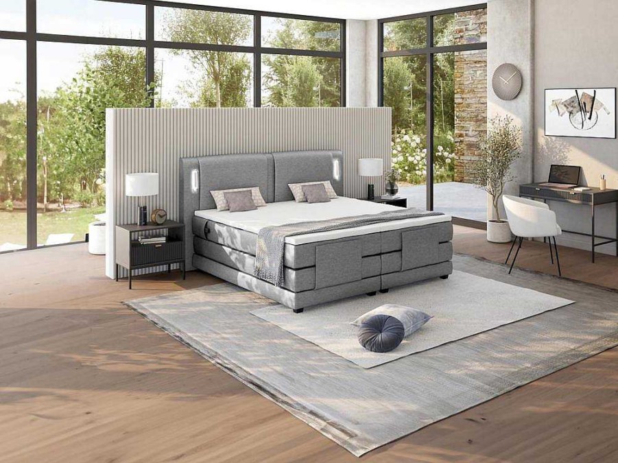 Cama De Adulto | Palacio Conjunto Boxspring Cabeceira De Cama Com Leds + Sommier Articulado Eletrico + Colchao + Sobrecolchao 2 X 90 X 200 Cm Tecido Cinzento - Astemi Da Palacio