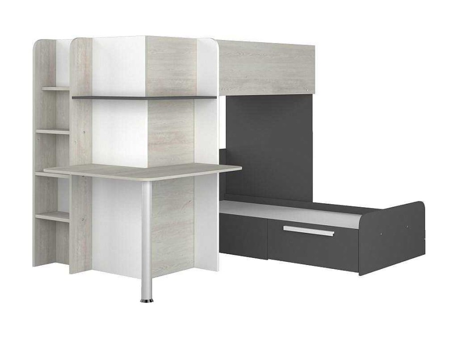 Beliche | Vente-unique Beliche 2 X 90 X 190 Cm Com Secretaria Cinzento, Branco E Preto + Colchao - Samuel