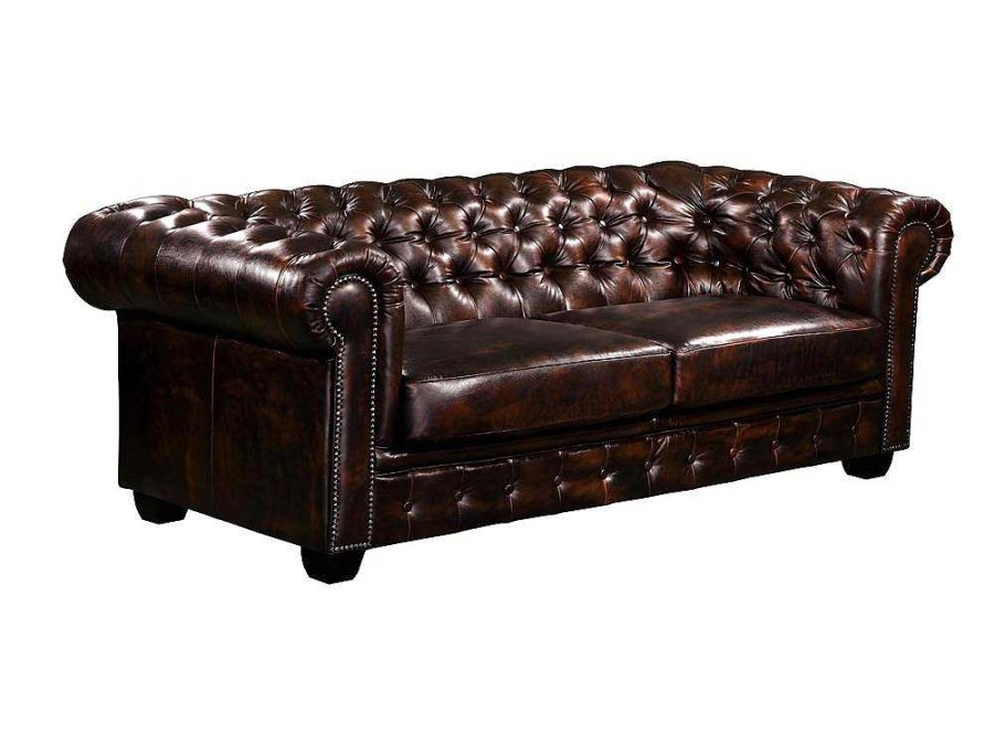 Sofa | LINEA SOFA Sofa 3 Lugares 100% Pele De Bufalo Castanho Com Reflexos Castanhos Estilo Chesterfield - Brenton