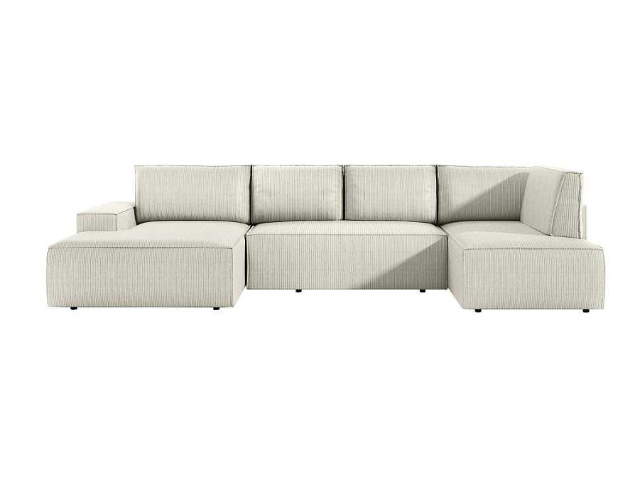 Sofa Panoramico | Vente-unique Sofa De Canto Panoramico Grande Esquerdo Convertivel Veludo Canelado Bege - Amelia