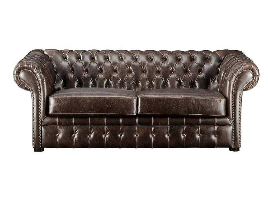 Conjunto De Sofa | Vente-unique Sofa De 3+2 Lugares 100% Couro Envelhecido Estilo Chesterfield - Clotaire