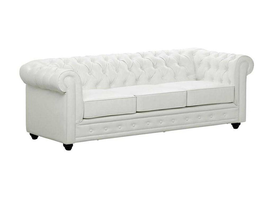 Sofa Em Pele Sintetica | Vente-unique Sofa De 3 Lugares Em Pele Sintetica Branco - Chesterfield