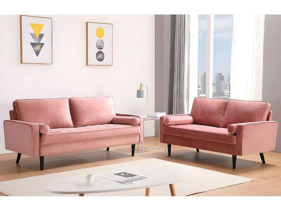 Conjunto De Sofa | Vente-unique Sofa 3+2 Lugares Em Veludo Rosa Velho - Fleuet