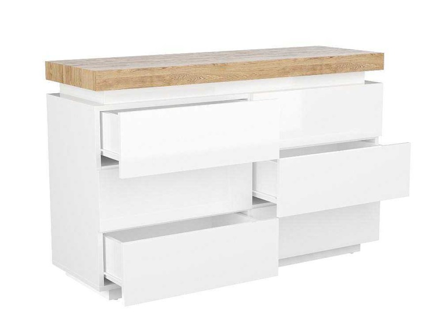 Comoda | Vente-unique Comoda 6 Gavetas - Mdf Lacado - Com Leds - Cor: Branco E Carvalho - Halo Ii -