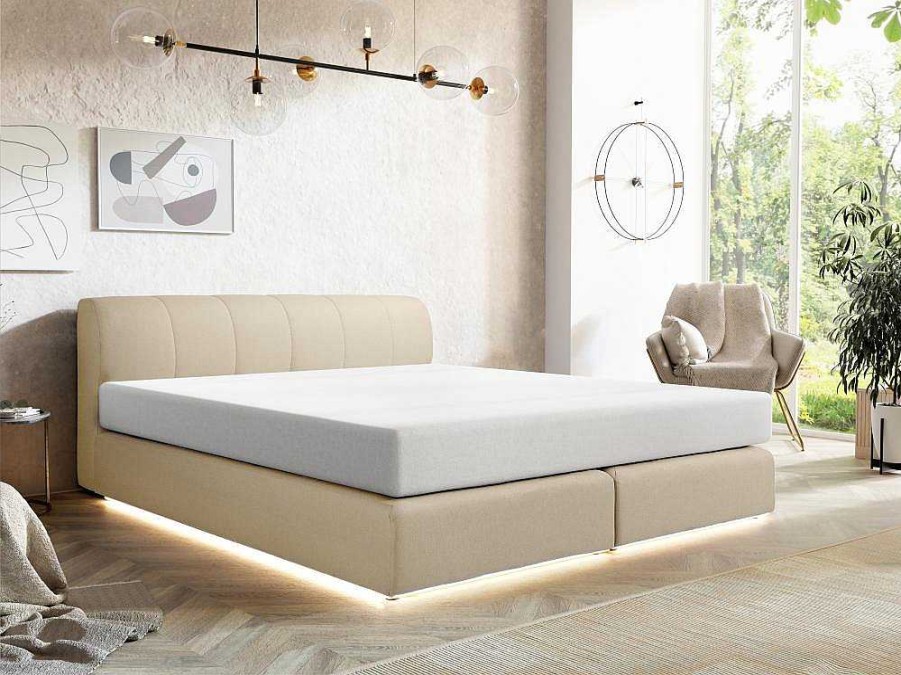 Cama Boxspring, Cama Continental | Ysmée Conjunto Completo Boxspring Cabeceira De Cama + Sommier Com Leds + Colchao 160X200 Cm Tecido Bege - Otaru De Ysmee