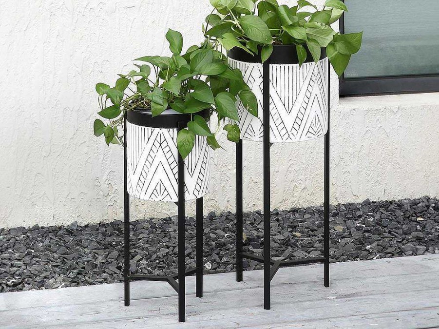 Promocoes Decoracao | OZAIA Conjunto De 2 Vasos De Ornamentacao Com Suporte Em Metal D. 20 X A. 53 Cm E D. 25 X A. 69 Cm Preto E Branco - Capoli