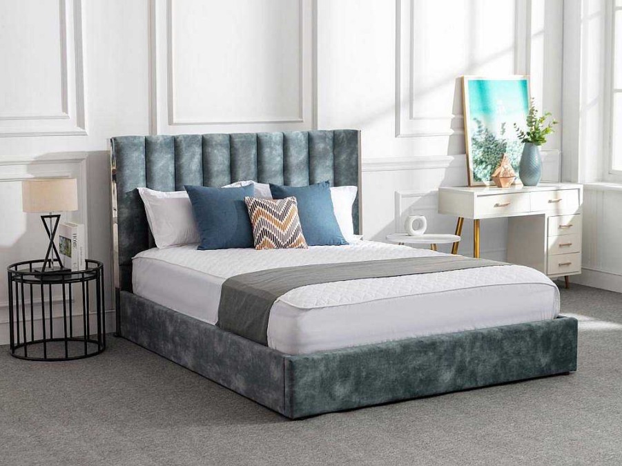 Cama Em Veludo | Vente-unique Cama 160 X 200 Cm Com Cabeceira De Cama Costuras Verticais Veludo Azul-Esverdeado + Colchao - Feroya