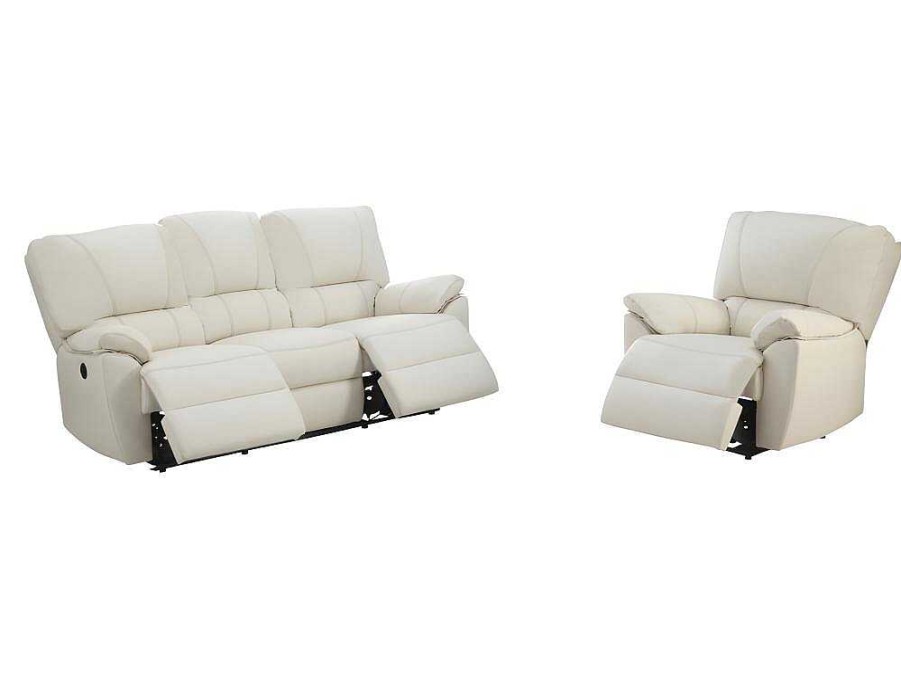 Conjunto Sofa E Poltrona | Vente-unique Sofa De 3+1 Lugares Relax Eletrico Em Pele Marfim - Marcis