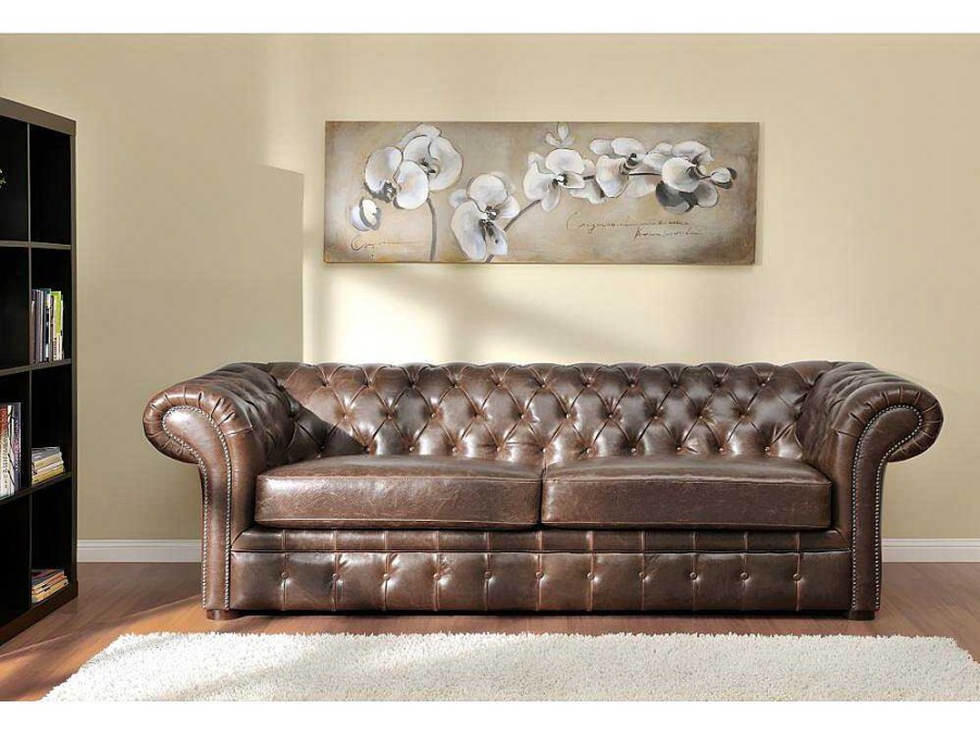 Conjunto Sofa E Poltrona | Vente-unique Sofa De 3+2+1 Lugares 100% Couro Envelhecido Estilo Chesterfield - Clotaire