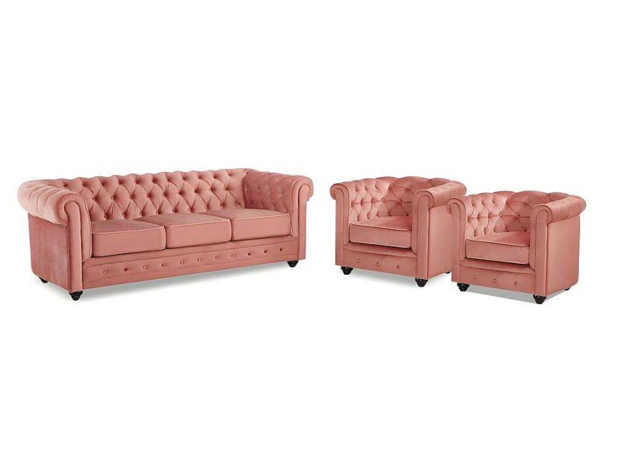 Conjunto Sofa E Poltrona | Vente-unique Sofa De 3 Lugares E 2 Cadeiroes Chesterfield - Veludo Rosa Pastel