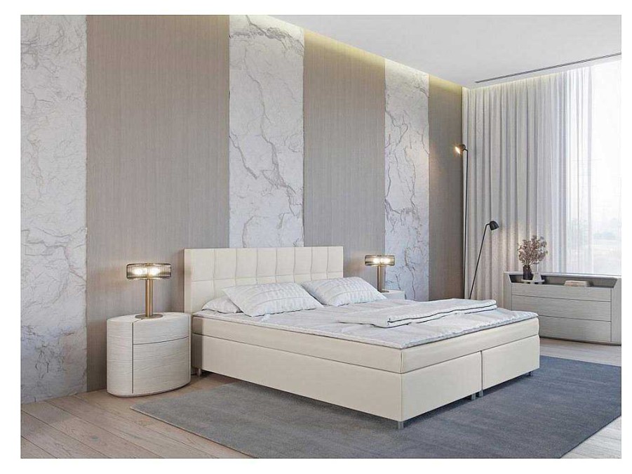 Cama Boxspring, Cama Continental | Ysmée Conjunto Boxspring Completo Cabeceira + Sommiers + Colchao + Sobrecolchao Siero Da Ysmee - 160X 200 Cm - Tecido - Marfim