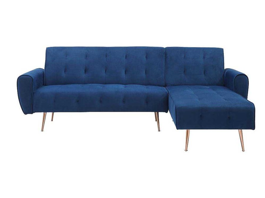 Sofa De Canto | Vente-unique Sofa De Canto Convertivel E Reversivel Em Veludo Azul-Escuro - Polani