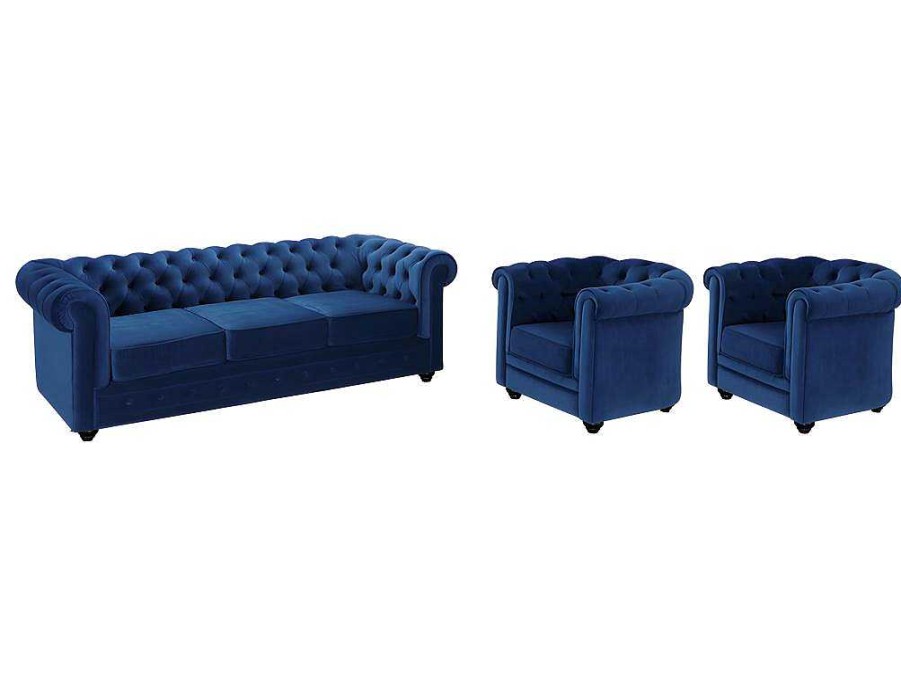 Conjunto Sofa E Poltrona | Vente-unique Sofa De 3 Lugares E 2 Cadeiroes Chesterfield - Veludo Azul Real