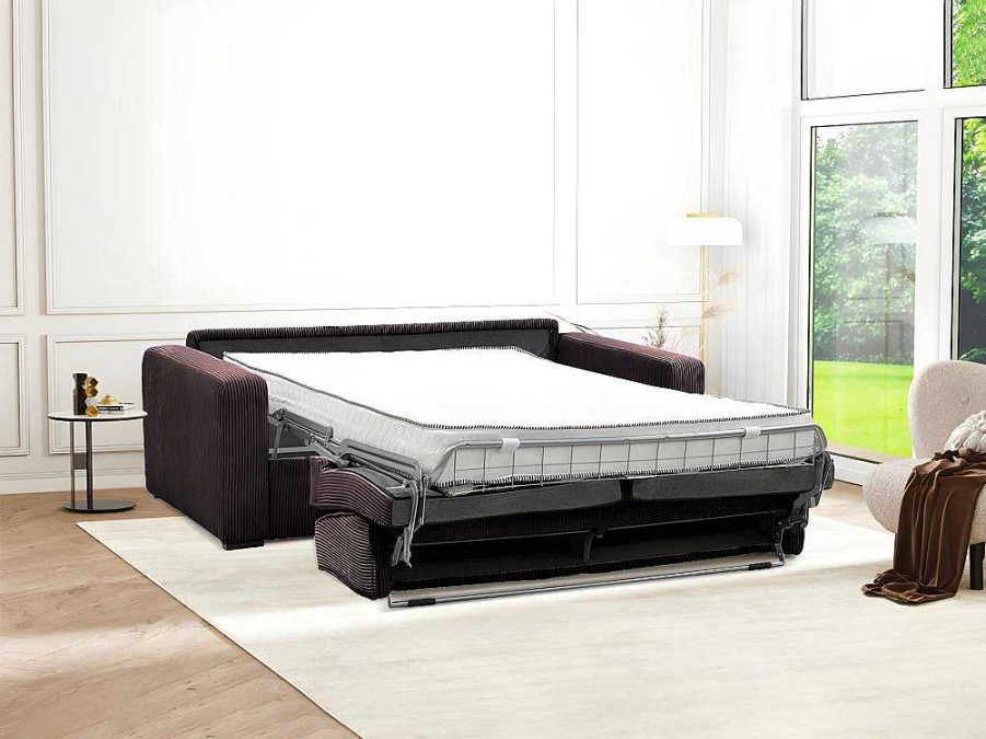 Sofa Cama De Abertura Rapida | Vente-unique Sofa De 3 Lugares Convertivel Abertura Rapida Veludo Canelado Castanho, Cama De 140 Cm, Colchao De 18 Cm - Mondovi