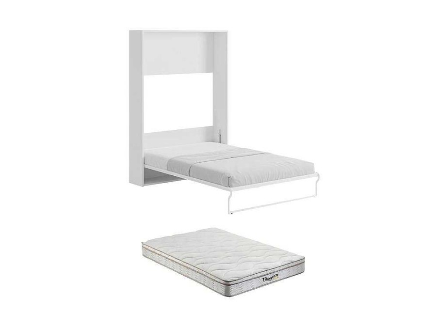 Cama Rebativel | Vente-unique Cama Embutida De 140 X 200 Cm Abertura Vertical Manual Branco + Colchao - Malina Ii