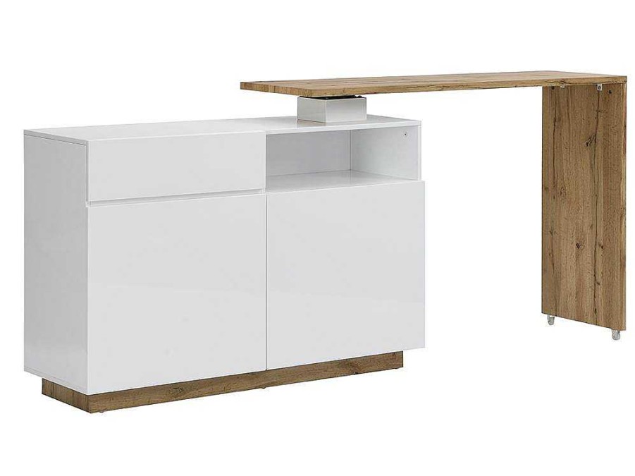 Movel De Bar | Vente-unique Movel De Bar Giratorio Com 2 Portas, 1 Gaveta E 1 Nicho Em Mdf Lacado A Branco E Carvalho - Eldir