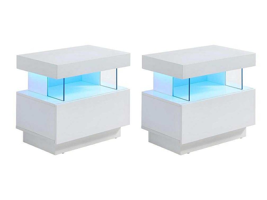 Mesa De Cabeceira | Vente-unique Conjunto De 2 Mesas De Cabeceira Com 1 Gaveta E 1 Prateleira, Leds, Mdf Lacado A Branco - Fabio Ii