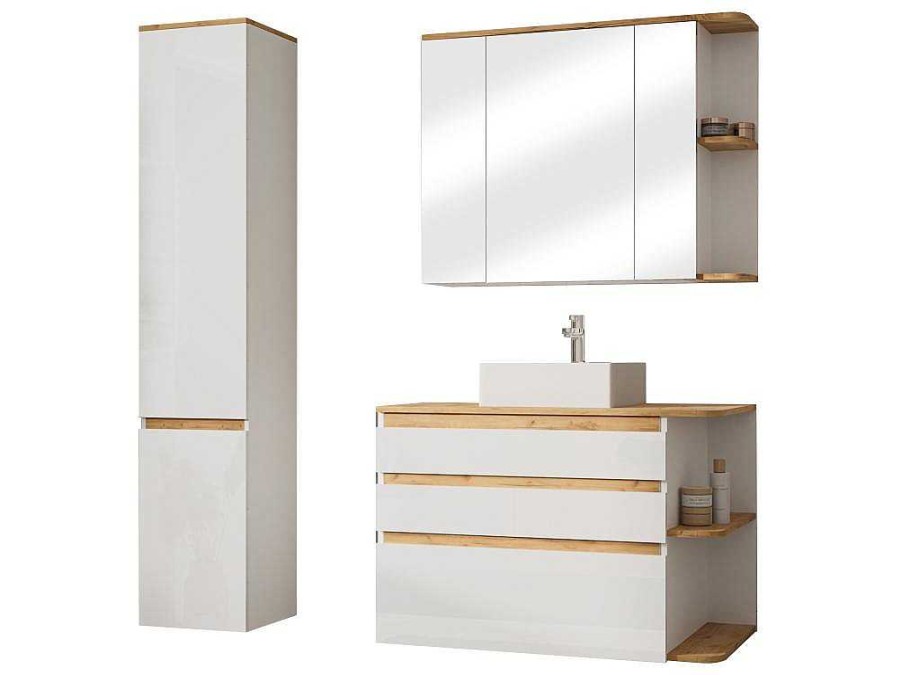 Movel Lavatorio Individual | Vente-unique Movel De Casa De Banho Suspenso Cor Madeira E Branco Com Lavatorio Individual, Coluna E Armario De Casa De Banho 94 Cm - Anida