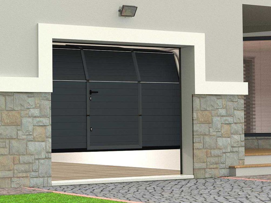 Porta De Garagem | Somfy Porta De Garagem Seccionada Efeito Ranhurado Com Porta Central Antracite Com Motor Somfy - Noria