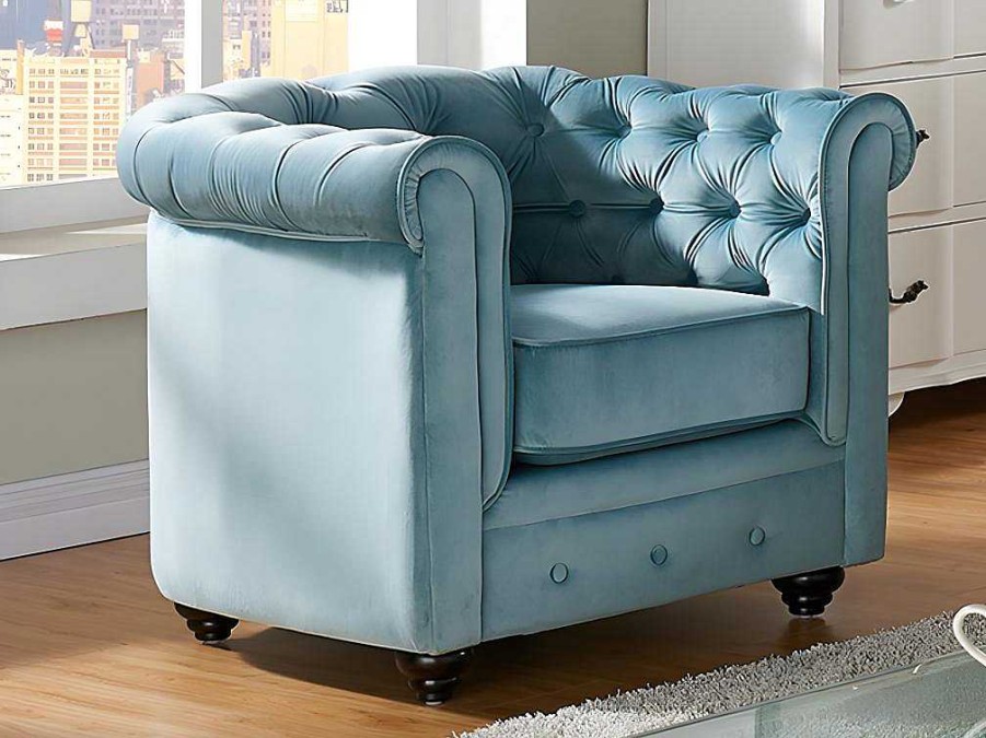 Conjunto Sofa E Poltrona | Vente-unique Sofa De 3 Lugares E Cadeirao Chesterfield - Veludo Azul Pastel