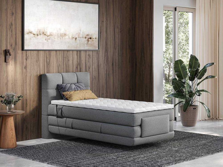 Cama Articulada | Palacio Conjunto Completo Boxspring, Cabeceira De Cama Acolchoada + Sommiers Articulados Eletricos + Colchao + Sobrecolchao 100X200 Cm Tecido Cinzento-Claro - Lodi Da Palacio