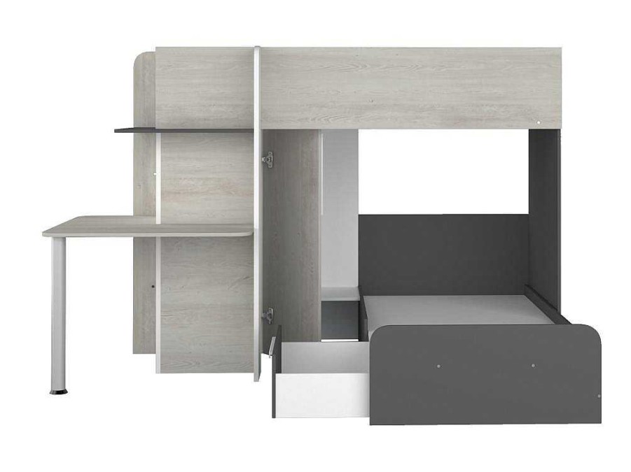 Beliche | Vente-unique Beliche 2 X 90 X 190 Cm Com Secretaria Cinzento, Branco E Preto + Colchao - Samuel