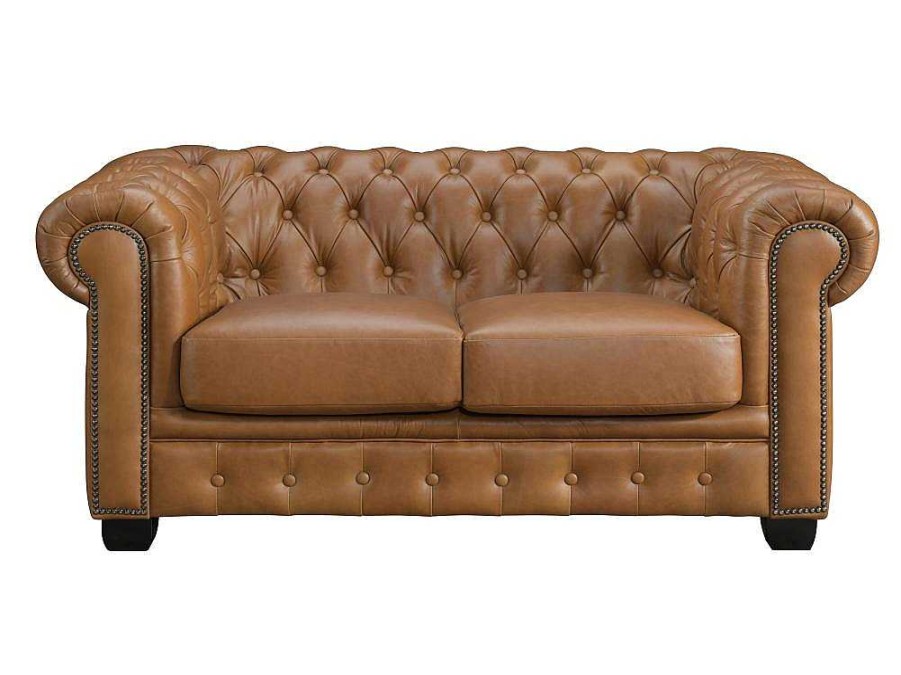 Sofa De 2 Lugares | LINEA SOFA Sofa Chesterfield 2 Lugares Brenton 100% Pele De Bufalo Superior Cor Caramelo Vintage