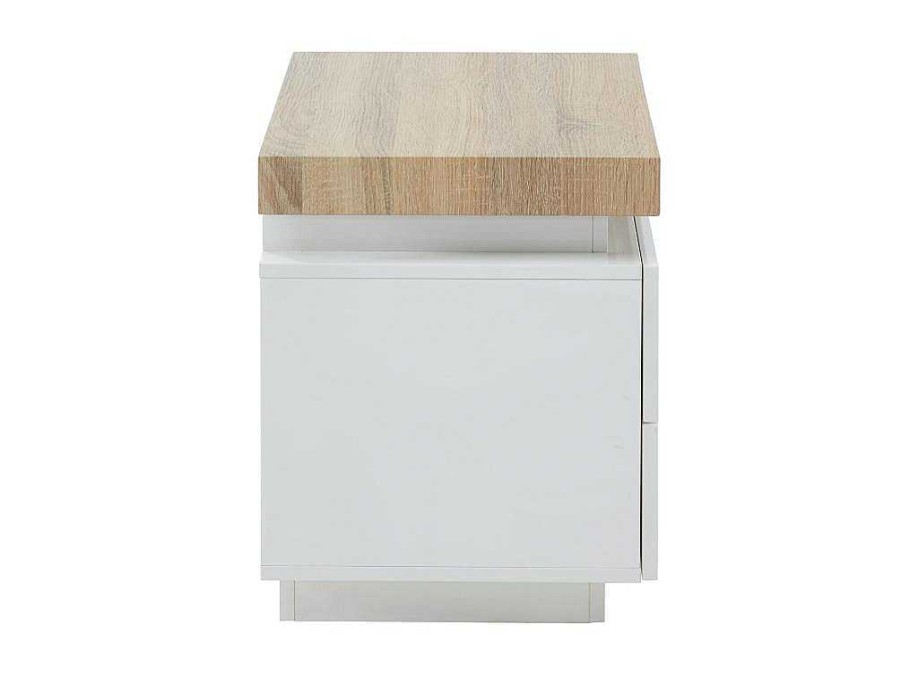 Mesa De Cabeceira | Vente-unique Mesa De Cabeceira - 2 Gavetas - Mdf Lacado - Com Leds - Cor: Branco E Carvalho - Halo Ii