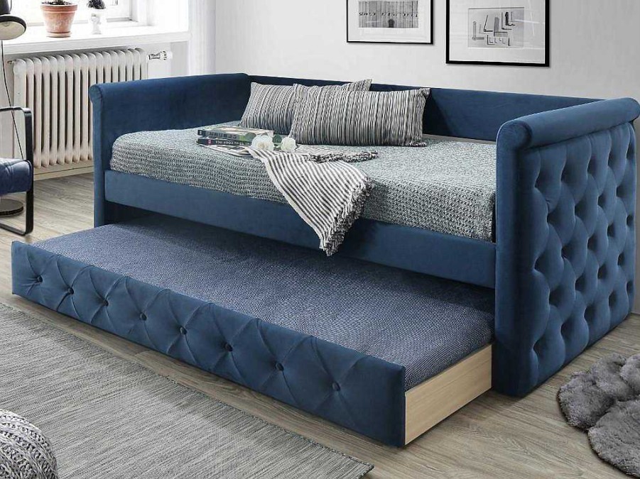 Cama Dupla | Vente-unique Cama Dupla Banco De 2X90X190 Cm Em Tecido Azul + Colchao - Louise