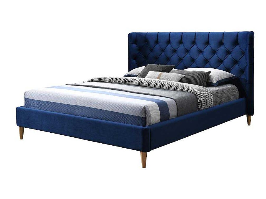 Cama Em Veludo | Vente-unique Cama 140 X 190 Cm Com Cabeceira De Cama Acolchoada Veludo Azul Real - Enodi