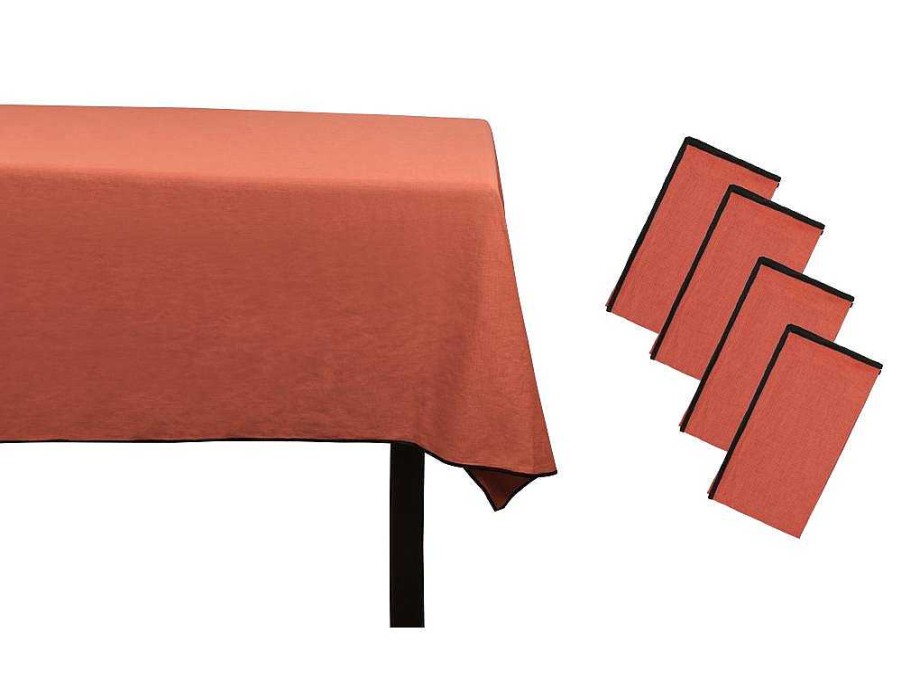 Texteis De Mesa | OZAIA Conjunto Toalha + 4 Guardanapos De Mesa Em Linho E Algodao, Borda Preta, Terracota, 170 X 300 Cm - Borina