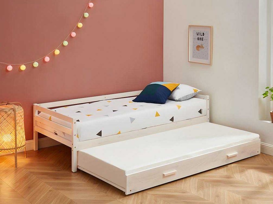 Cama De Crianca | Vente-unique Cama Dupla De 2 X 90 X 190 Cm Em Pinho Macico E Mdf Esbranquicado - Aedan Ii