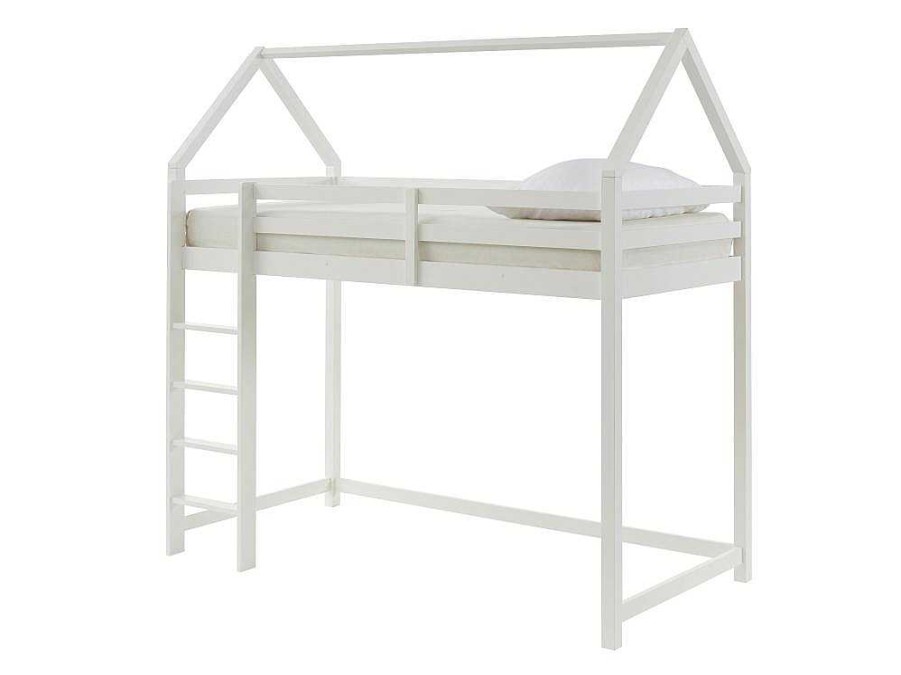 Cama Alta | Vente-unique Cama Alta Cabana De 90 X 190 Cm Em Pinho Cor Branco + Colchao - Tarzia