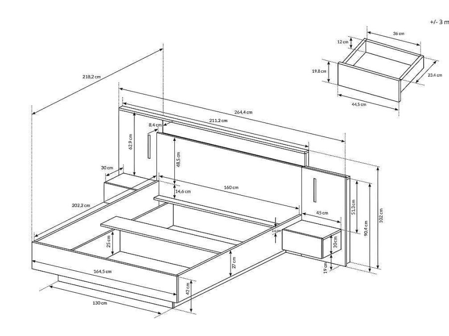 Cama De Adulto | Vente-unique Cama Com Arrumacao E Mesas De Cabeceira 160 X 200 Cm, 2 Gavetas, Com Leds, Natural E Antracite + Colchao - Francoli