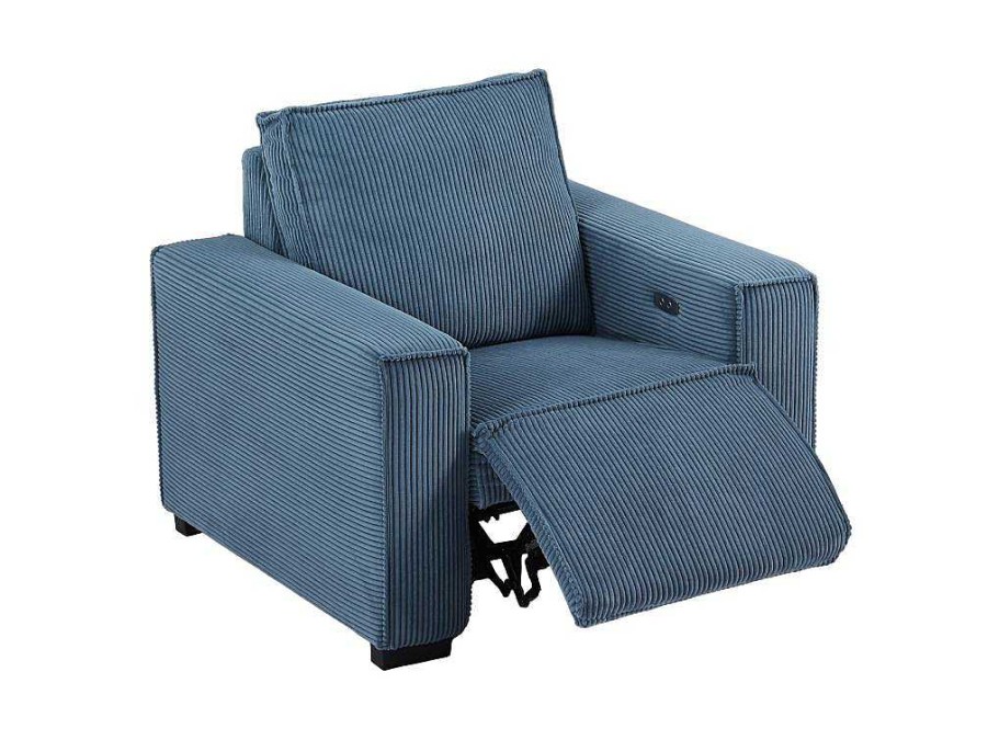 Conjunto Sofa E Poltrona | Vente-unique Sofa De 3 Lugares E Poltrona Em Veludo Canelado Azul - Amelio