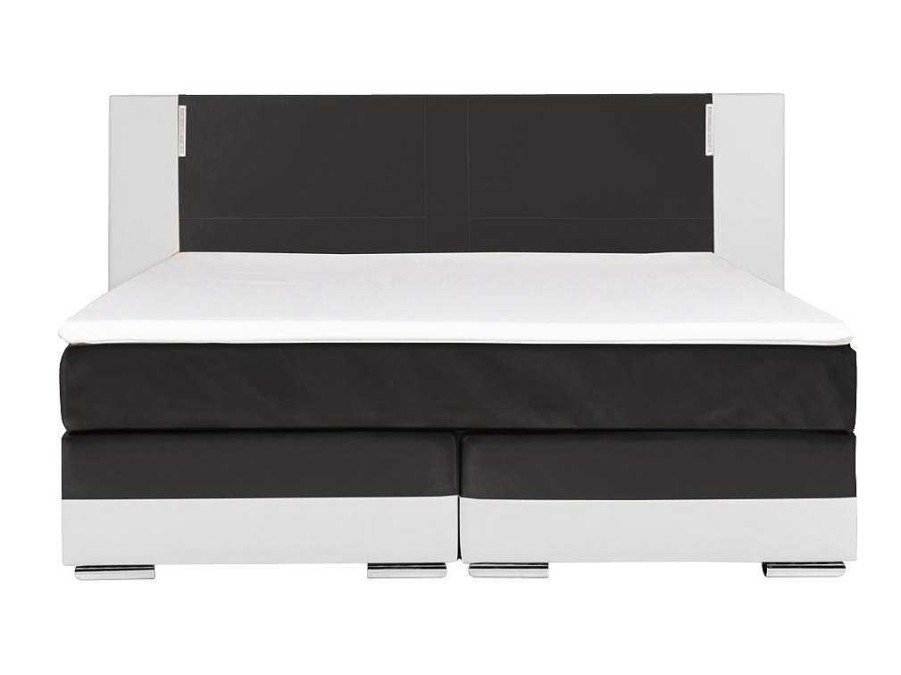 Cama Boxspring, Cama Continental | Ysmée Conjunto Boxspring Completo - Cabeceira Com Leds + Sommiers + Colchao + Sobrecolchao - 160X 200 Cm - Pele Sintetica - Branco E Cinzento - Asti De Ysmee