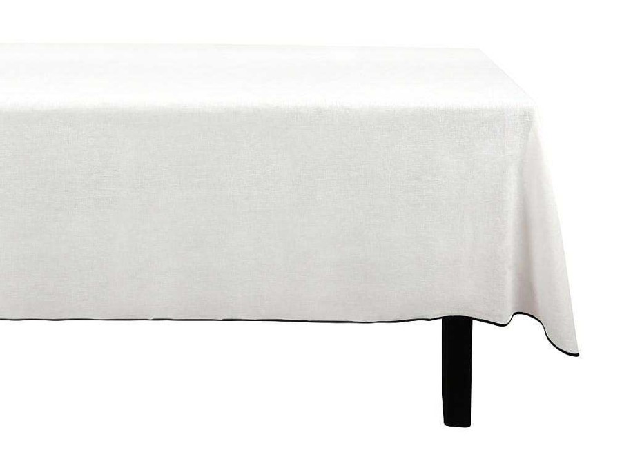 Texteis De Mesa | OZAIA Conjunto Toalha + 4 Guardanapos De Mesa Em Linho E Algodao, Borda Preta, Branco, 170 X 300 Cm - Borina