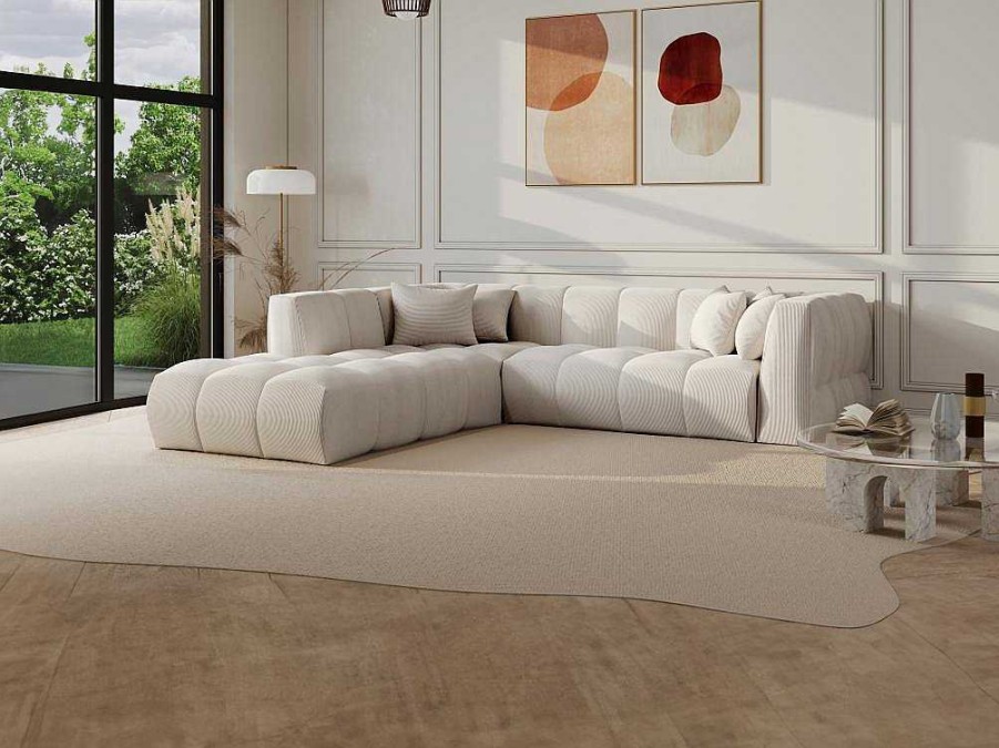 Sofa | Maison Céphy Grande Sofa De Canto Esquerdo Em Veludo Canelado Bege - Naemia