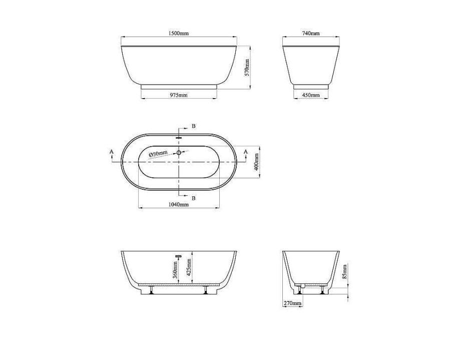 Banheira De Pousar | Shower & Design Banheira Classica Oval 210 L, 150 X 74 X 57 Cm Braco Acrilico - Mobula