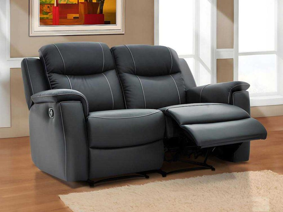 Sofa De Relaxamento Manual | Vente-unique Sofa De 2 Lugares Relax Em Pele Cinza - Evasion