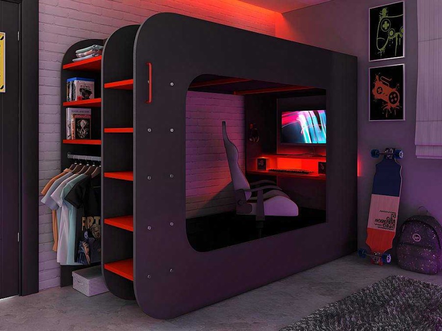 Cama Alta | Vente-unique Cama Alta Gamer 90 X 200 Cm Com Secretaria, Espacos De Arrumacao E Leds Cor Antracite E Vermelho - Warrior