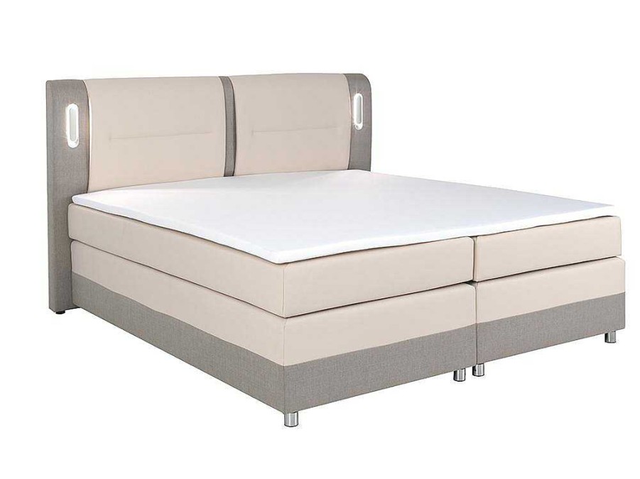 Cama Boxspring, Cama Continental | Ysmée Conjunto Boxspring Completo Cabeceira De Cama Com Leds + Sommiers + Colchao + Sobrecolchao Rimini Da Ysmee De 160 X 200 Cm Em Tecido E Pele Sintetica Cor Bege E Cor Creme