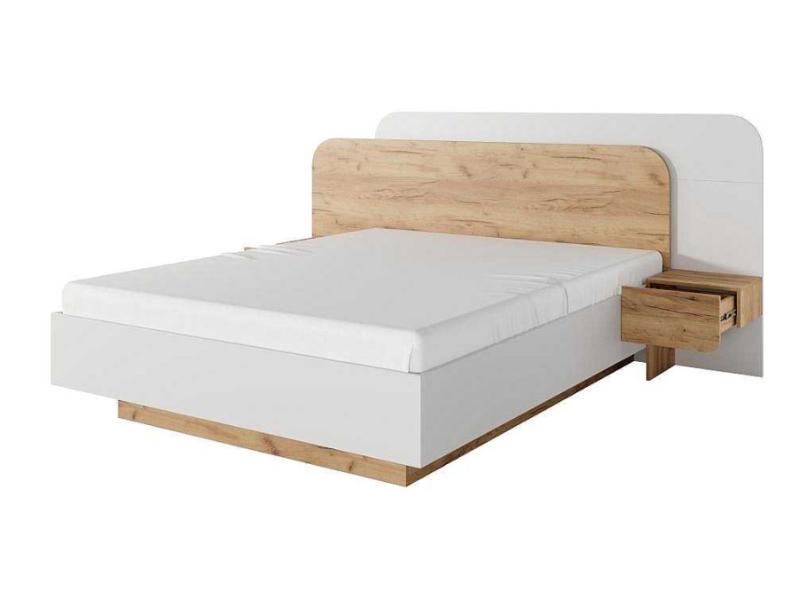 Cama De Adulto | Vente-unique Cama Com Espaco De Arrumacao E Mesas De Cabeceira 160X200 Cm, Com Leds Cor Natural E Branco - Desado