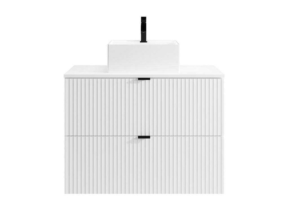 Movel Lavatorio Individual | Vente-unique Movel De Casa De Banho Suspenso Estriado Com Lavatorio De Pousar Branco C80 Cm - Zevini