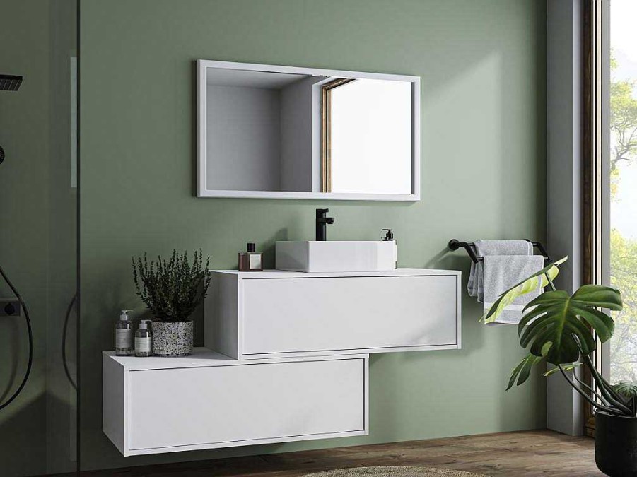 Movel Lavatorio Individual | Vente-unique Movel De Casa De Banho Suspenso Branco Com Lavatorio Individual E Duas Gavetas 94 Cm - Teana Ii